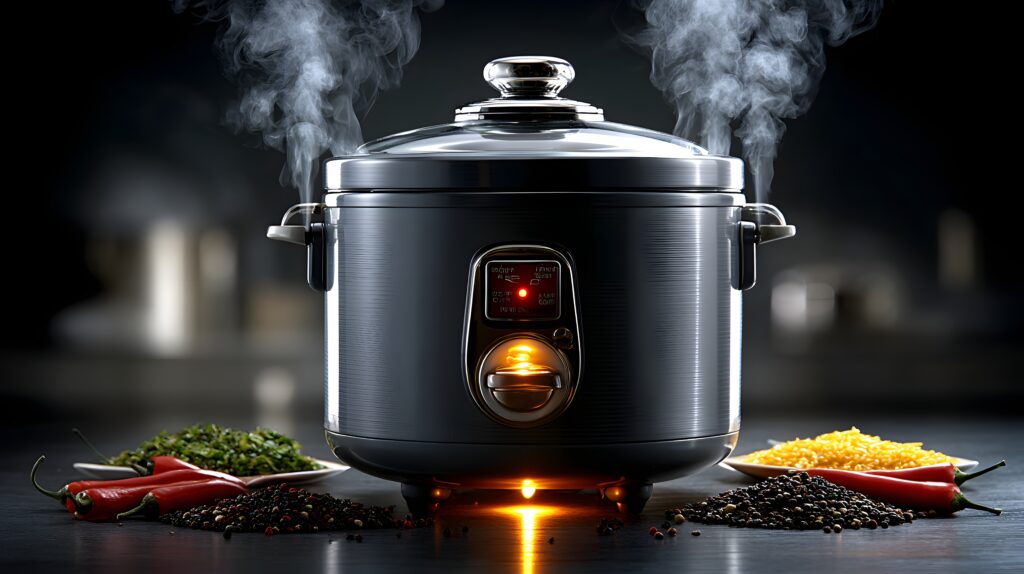 modern electric cooker with steam clouds surrounded by fresh ingredients and spices