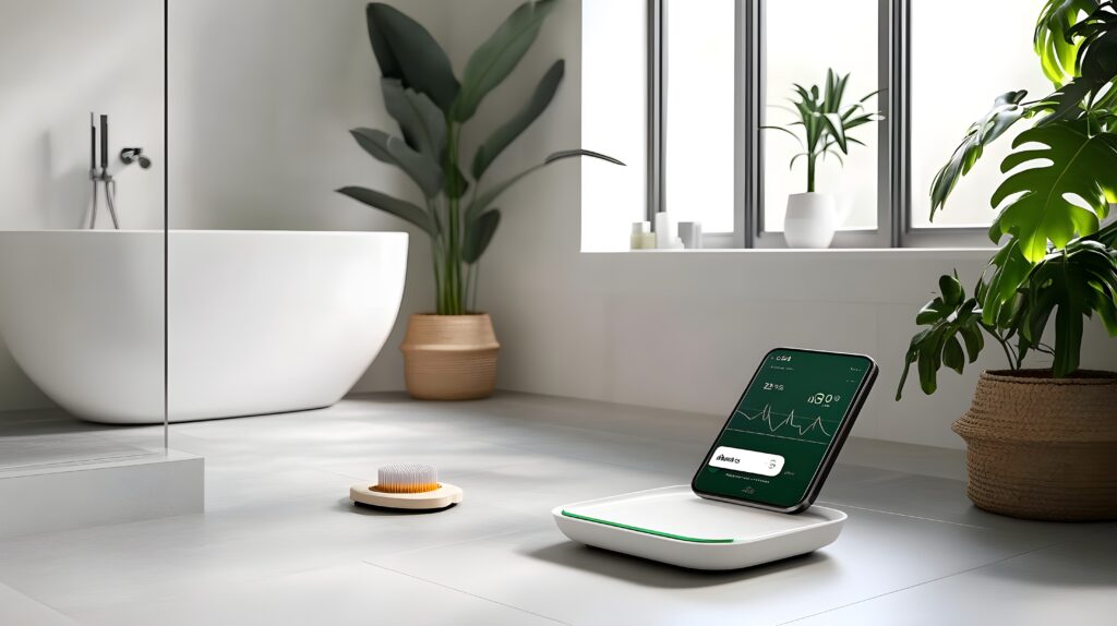 modern bathroom with plants, sleek tub, and device on the floor for wellness monitoring.