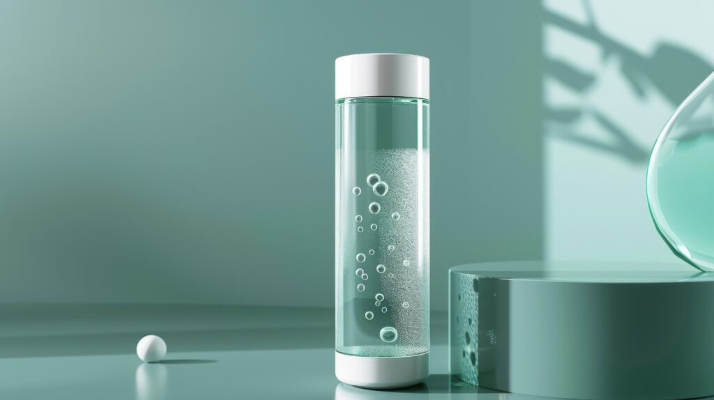 reusable water bottle with bubbles still life product promotion
