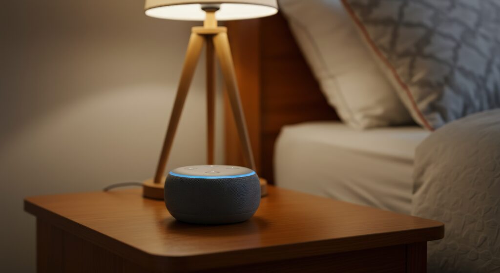 smart home device on nightstand next to bed lamp