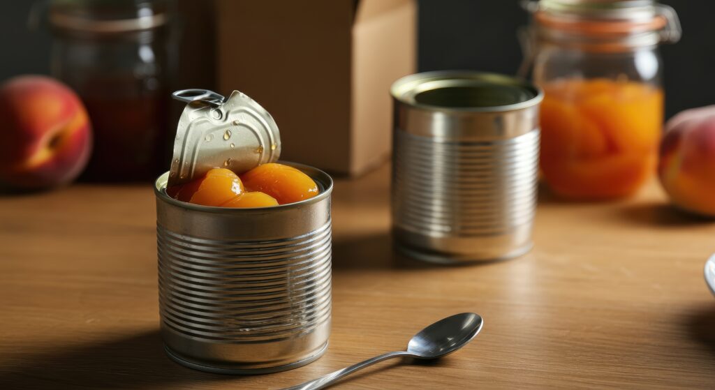 open metal can with sliced peaches on wooden table alongside jars and fruit in soft lighting