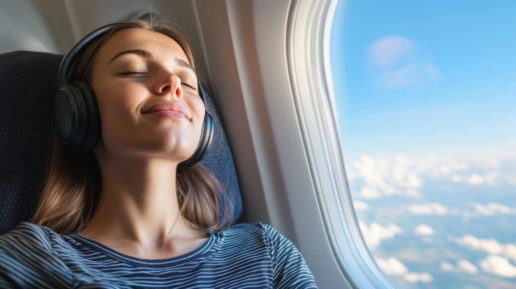 woman relaxing with headphones during airplane travel and view of cloudy skies